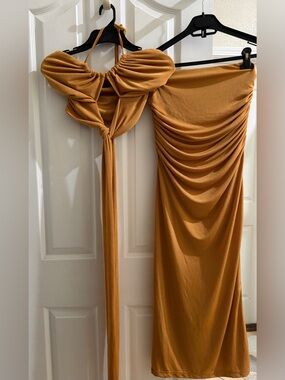 Gabrielle Union Golden Mustard Two-Piece Ruched Maxi Set